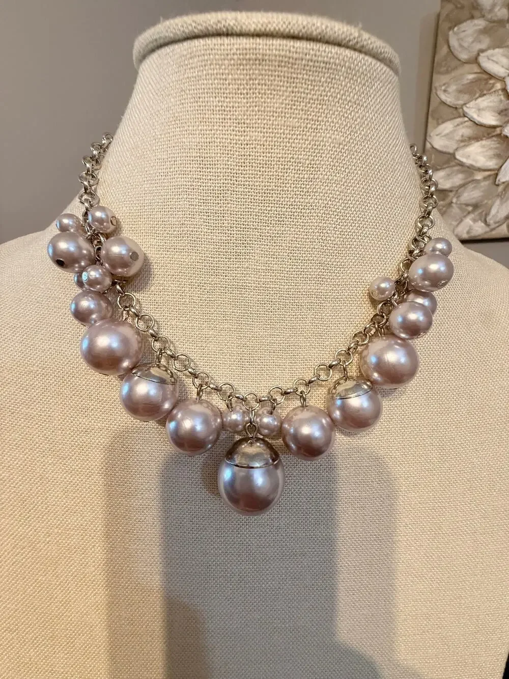 Vintage Silver Tone Faux Pearl Charm Statement Necklace